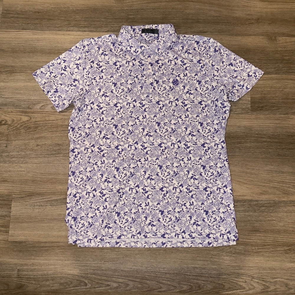 G/FORE Mens Floral Print Golf Polo Shirt Purple White Short Sleeve Size L